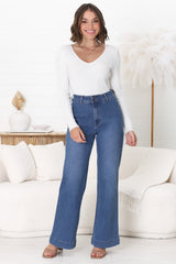 Murilo Jeans - High Waisted Flare Leg Jeans in Medium Blue Wash Denim