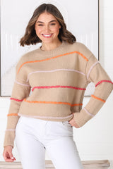 Fletcher Knit Jumper - Crew Neck Multi Colour Stripe Knit in Camel