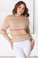 Fletcher Knit Jumper - Crew Neck Multi Colour Stripe Knit in Camel