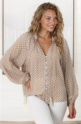 Sallie Blouse - V-Neckline Button Down Blouse in Retro Print