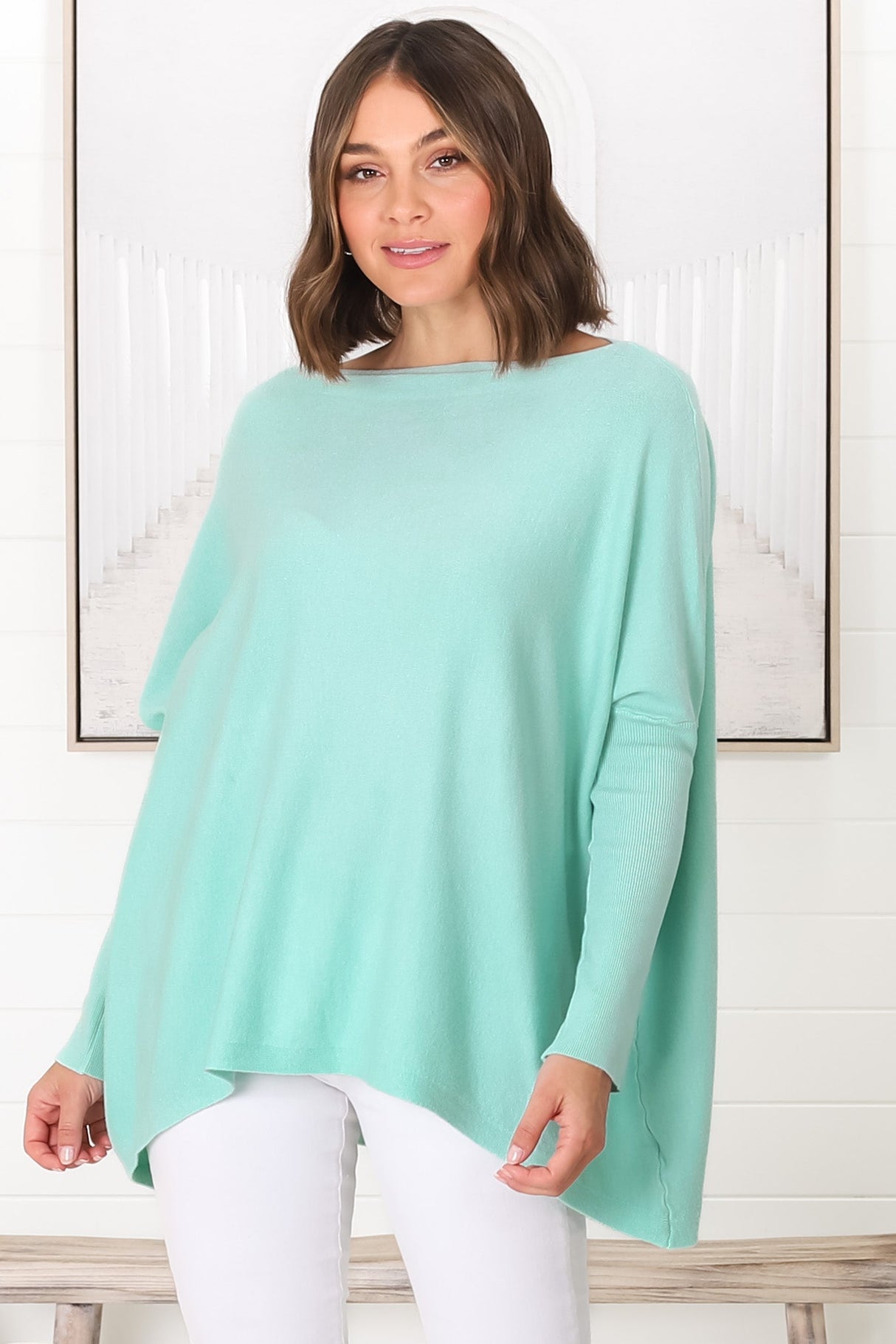 Belinda Knit Top - Boat Neckline Boxy Batwing Top in Light Blue