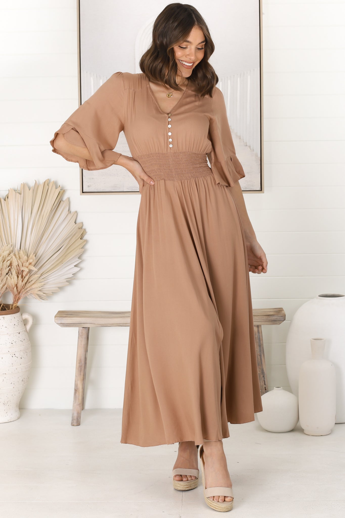 Alba Maxi Dress - Buttoned Bodie A Line Dress With Flute Sleeves In Sand