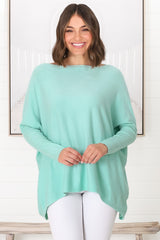 Belinda Knit Top - Boat Neckline Boxy Batwing Top in Light Blue