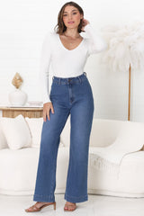 Murilo Jeans - High Waisted Flare Leg Jeans in Medium Blue Wash Denim