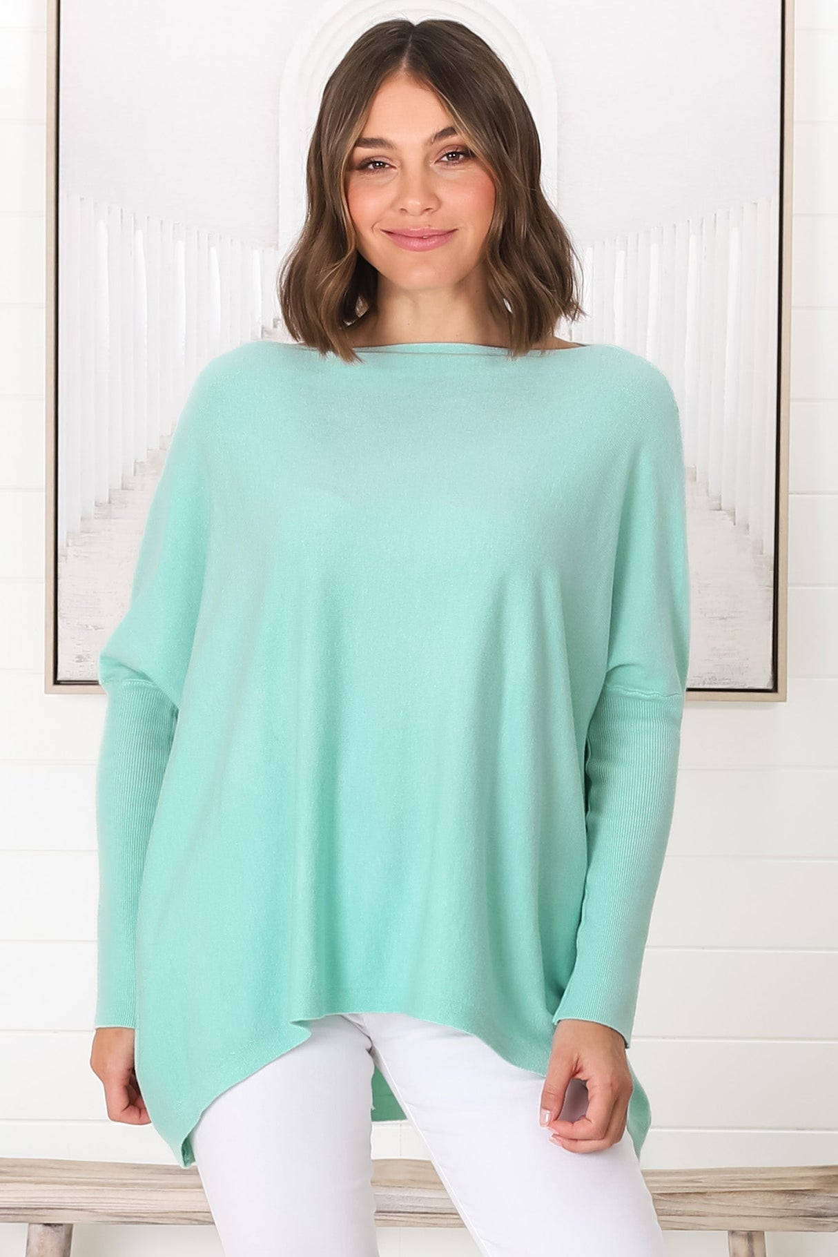 Belinda Knit Top - Boat Neckline Boxy Batwing Top in Light Blue