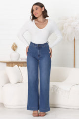 Murilo Jeans - High Waisted Flare Leg Jeans in Medium Blue Wash Denim