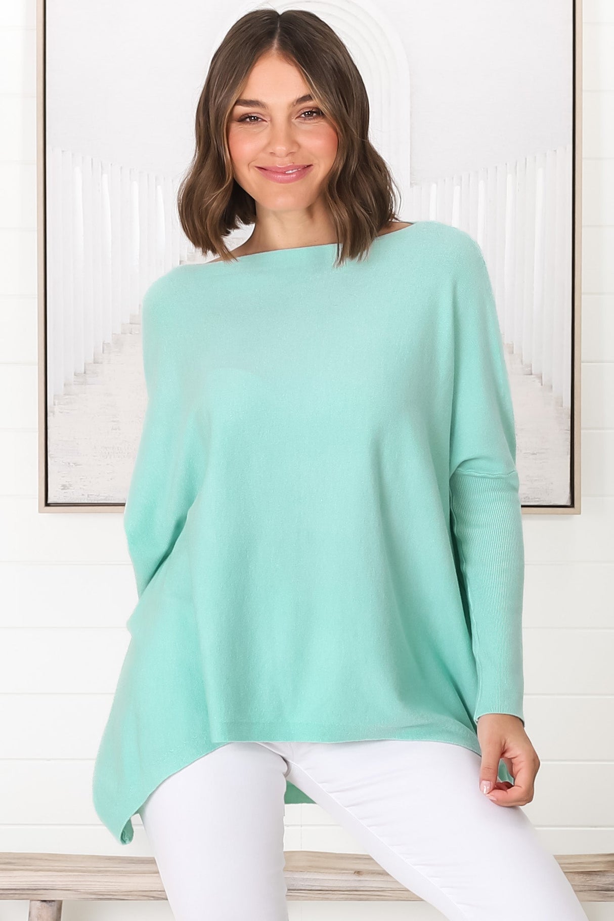 Belinda Knit Top - Boat Neckline Boxy Batwing Top in Light Blue