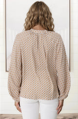 Sallie Blouse - V-Neckline Button Down Blouse in Retro Print