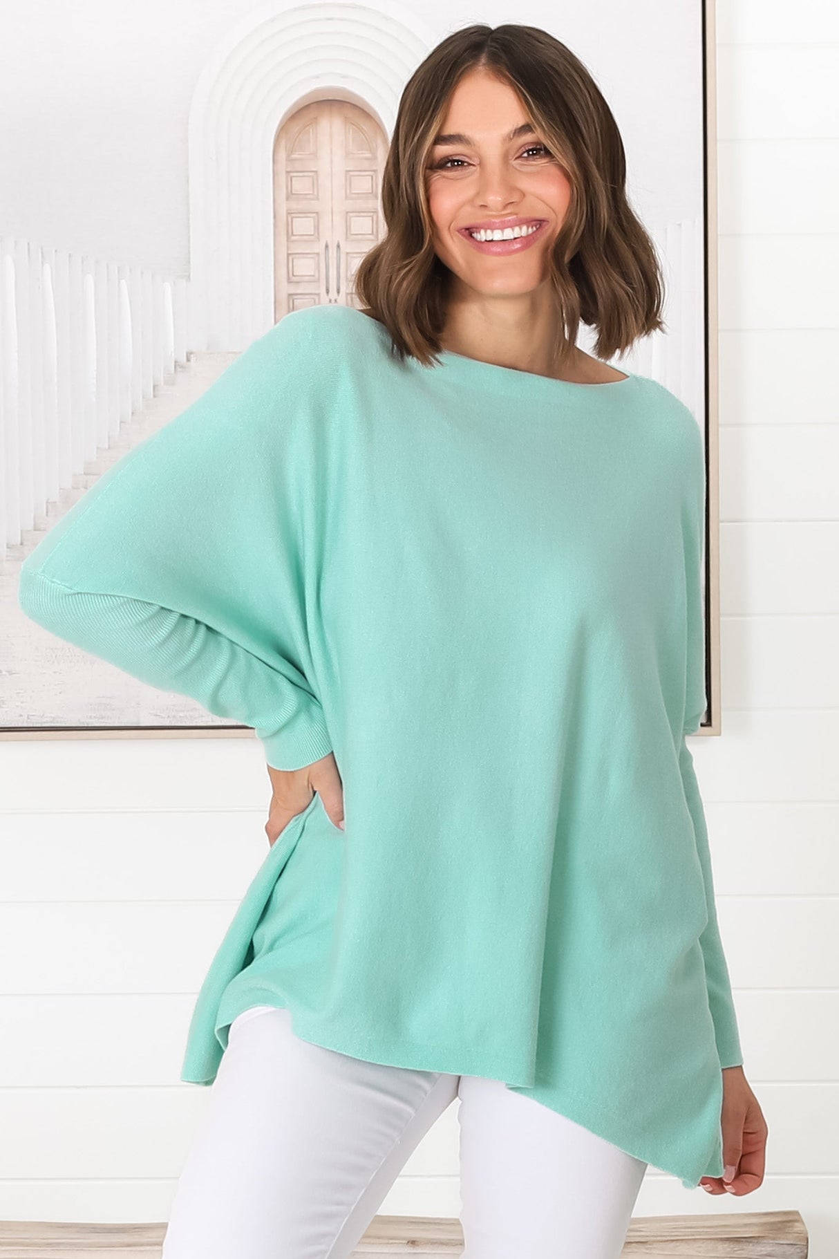 Belinda Knit Top - Boat Neckline Boxy Batwing Top in Light Blue