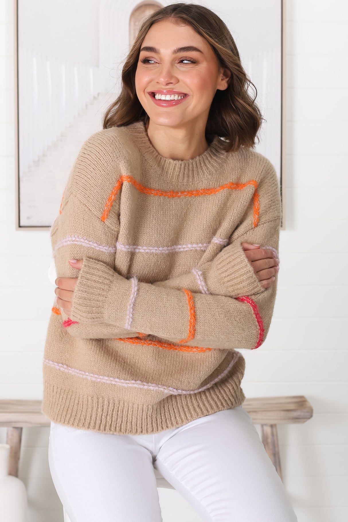 Fletcher Knit Jumper - Crew Neck Multi Colour Stripe Knit in Camel