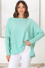 Belinda Knit Top - Boat Neckline Boxy Batwing Top in Light Blue