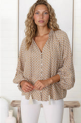 Sallie Blouse - V-Neckline Button Down Blouse in Retro Print