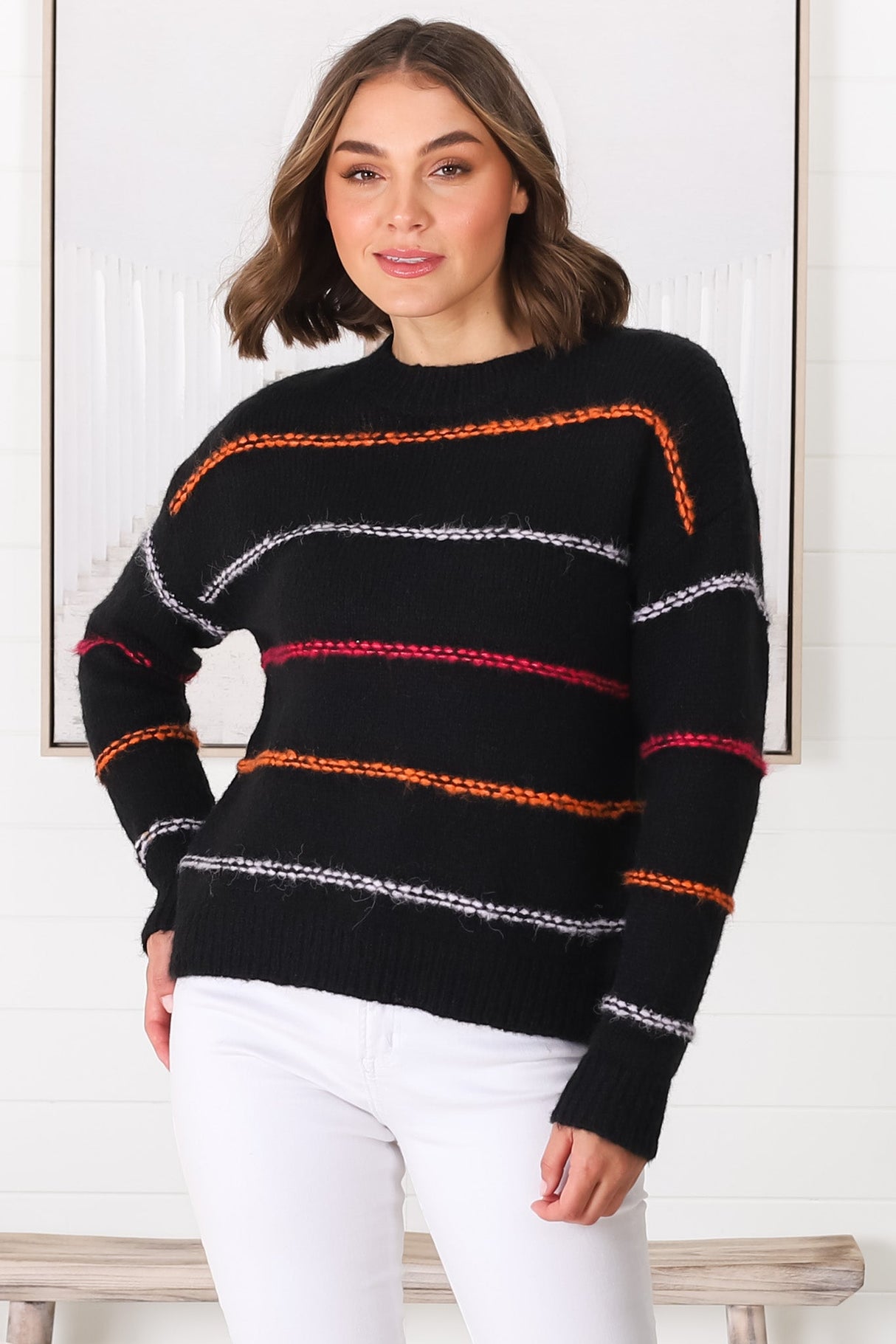 Fletcher Knit Jumper - Crew Neck Multi Colour Stripe Knit in Black