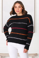 Fletcher Knit Jumper - Crew Neck Multi Colour Stripe Knit in Black