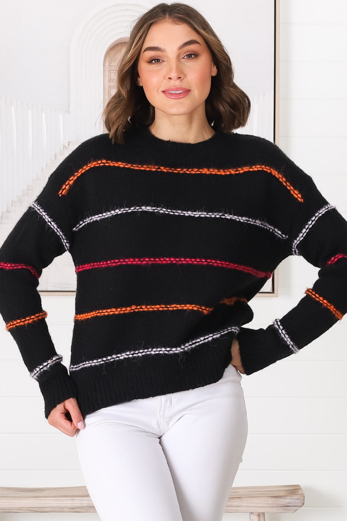 Fletcher Knit Jumper - Crew Neck Multi Colour Stripe Knit in Black