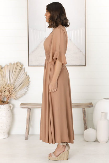 Alba Maxi Dress - Buttoned Bodie A Line Dress With Flute Sleeves In Sand