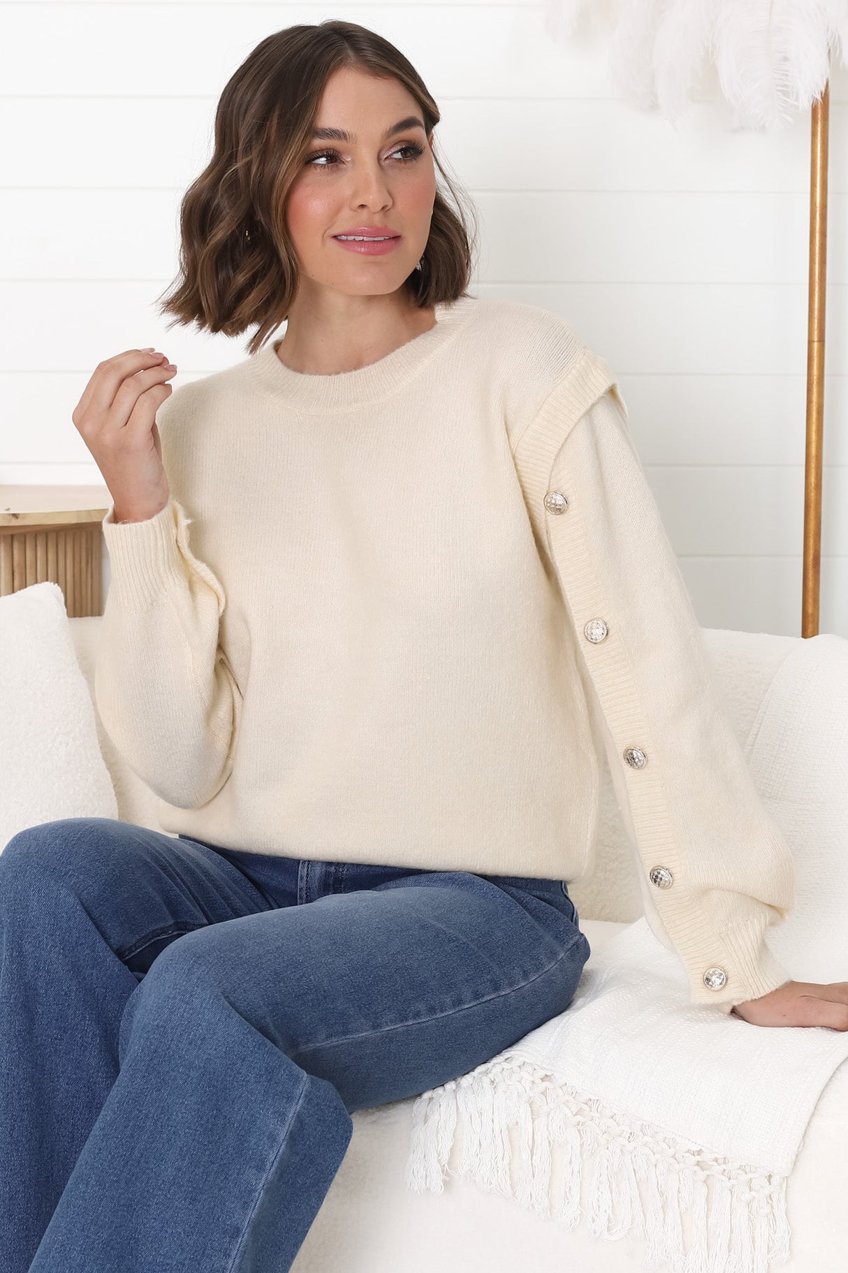 Meldon Jumper - Button Detailed Crew Neck Jumper in Beige