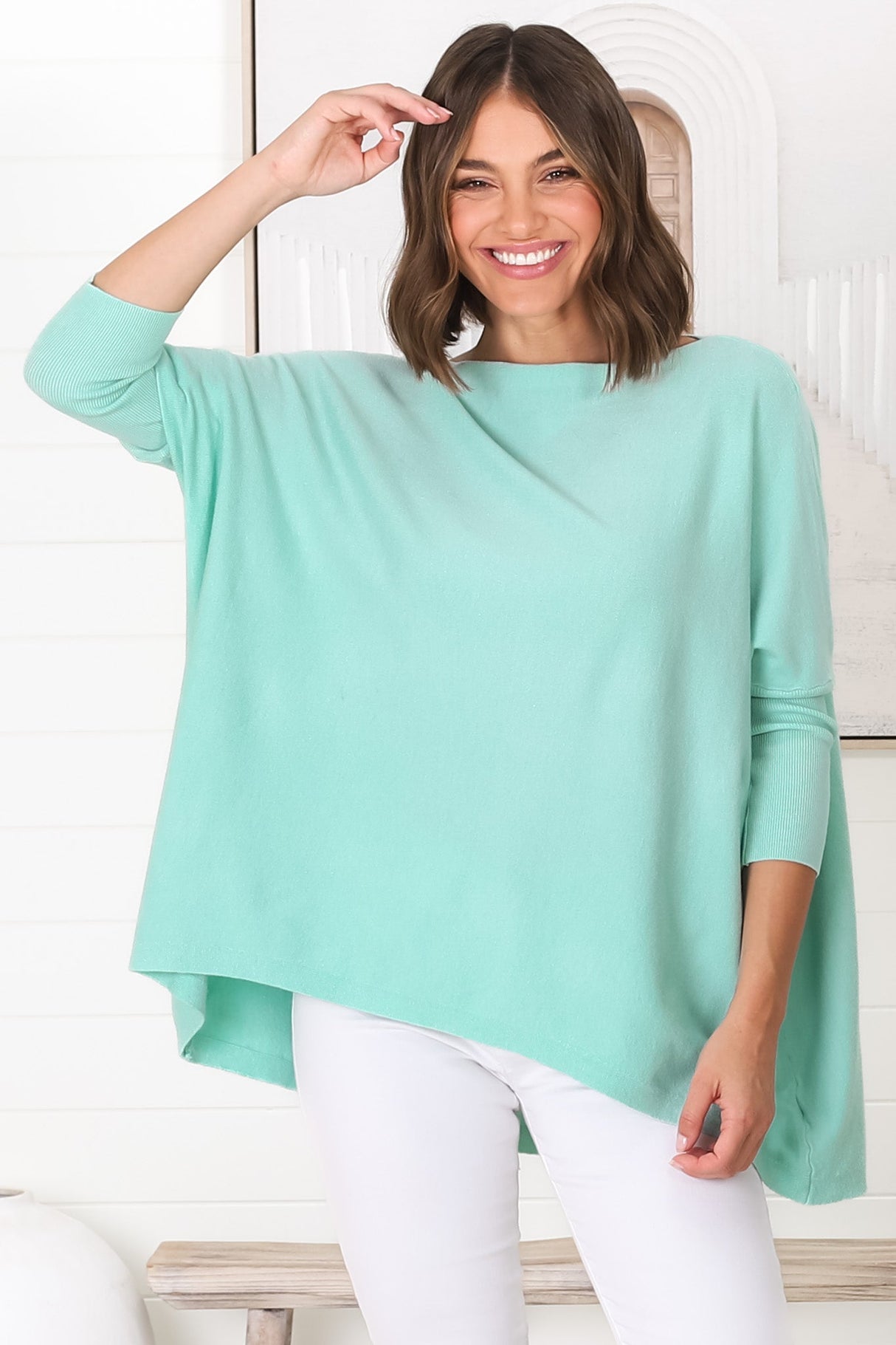 Belinda Knit Top - Boat Neckline Boxy Batwing Top in Light Blue