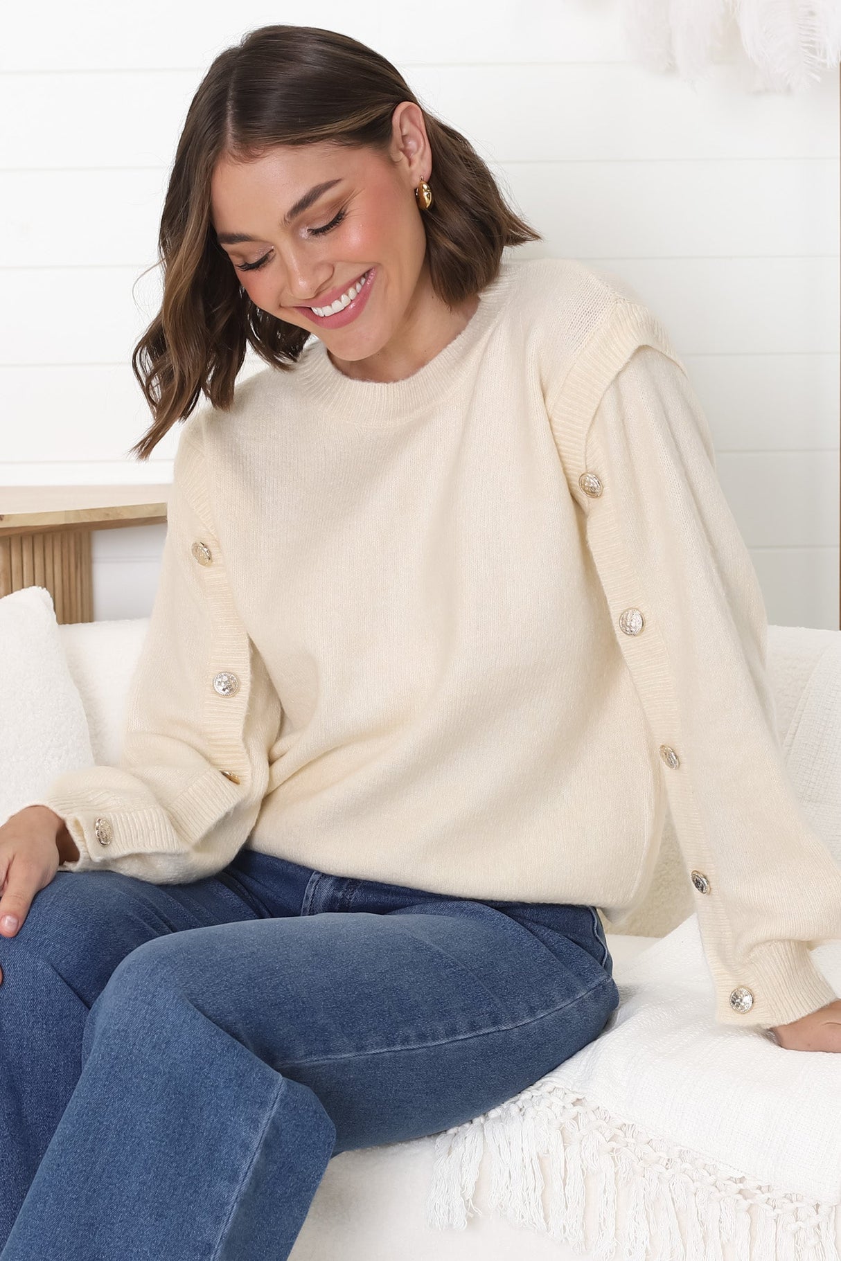 Meldon Jumper - Button Detailed Crew Neck Jumper in Beige