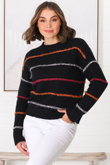 Fletcher Knit Jumper - Crew Neck Multi Colour Stripe Knit in Black