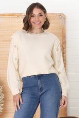 Meldon Jumper - Button Detailed Crew Neck Jumper in Beige