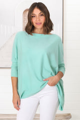 Belinda Knit Top - Boat Neckline Boxy Batwing Top in Light Blue