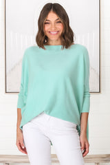 Belinda Knit Top - Boat Neckline Boxy Batwing Top in Light Blue