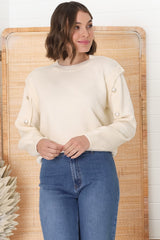 Meldon Jumper - Button Detailed Crew Neck Jumper in Beige