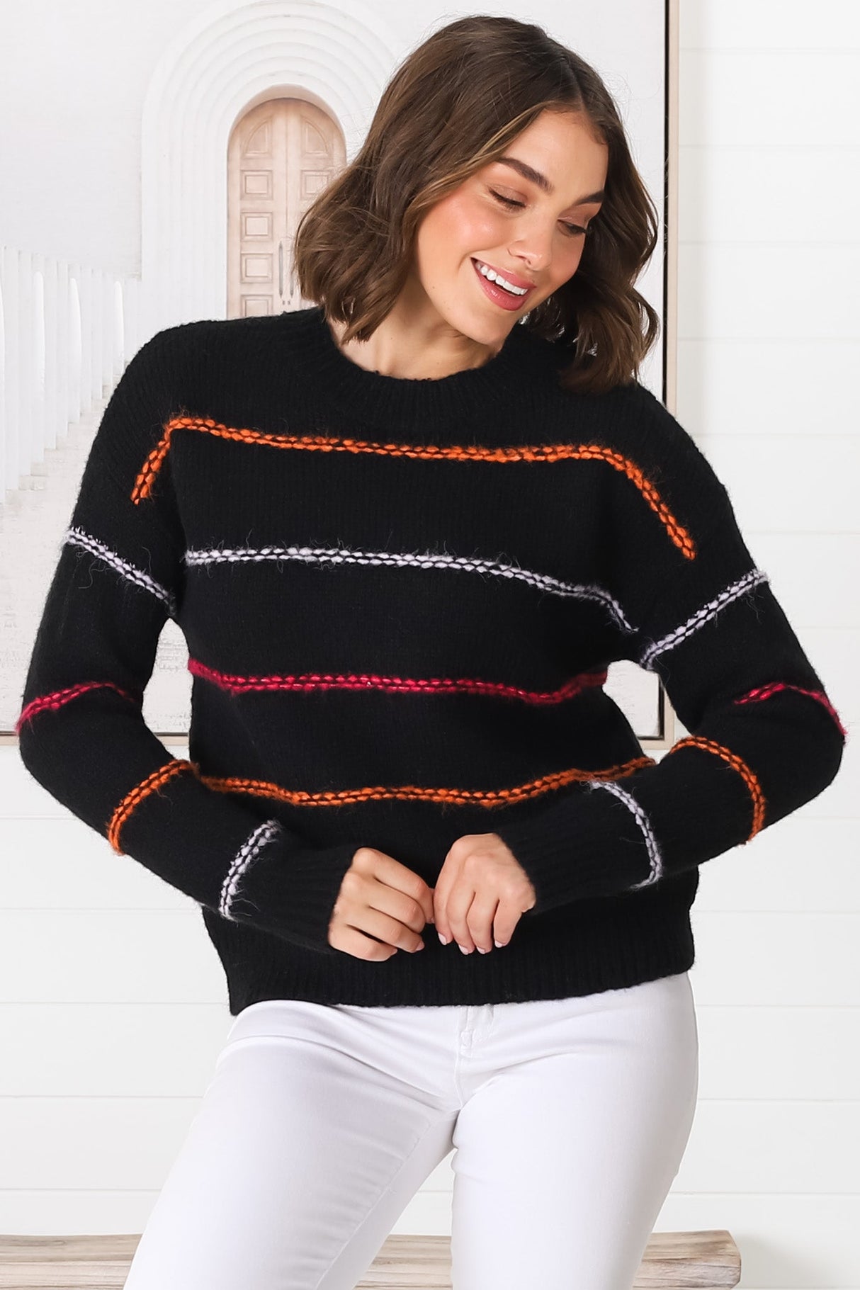 Fletcher Knit Jumper - Crew Neck Multi Colour Stripe Knit in Black