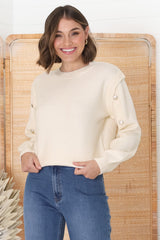 Meldon Jumper - Button Detailed Crew Neck Jumper in Beige