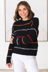 Fletcher Knit Jumper - Crew Neck Multi Colour Stripe Knit in Black