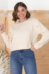 Meldon Jumper - Button Detailed Crew Neck Jumper in Beige