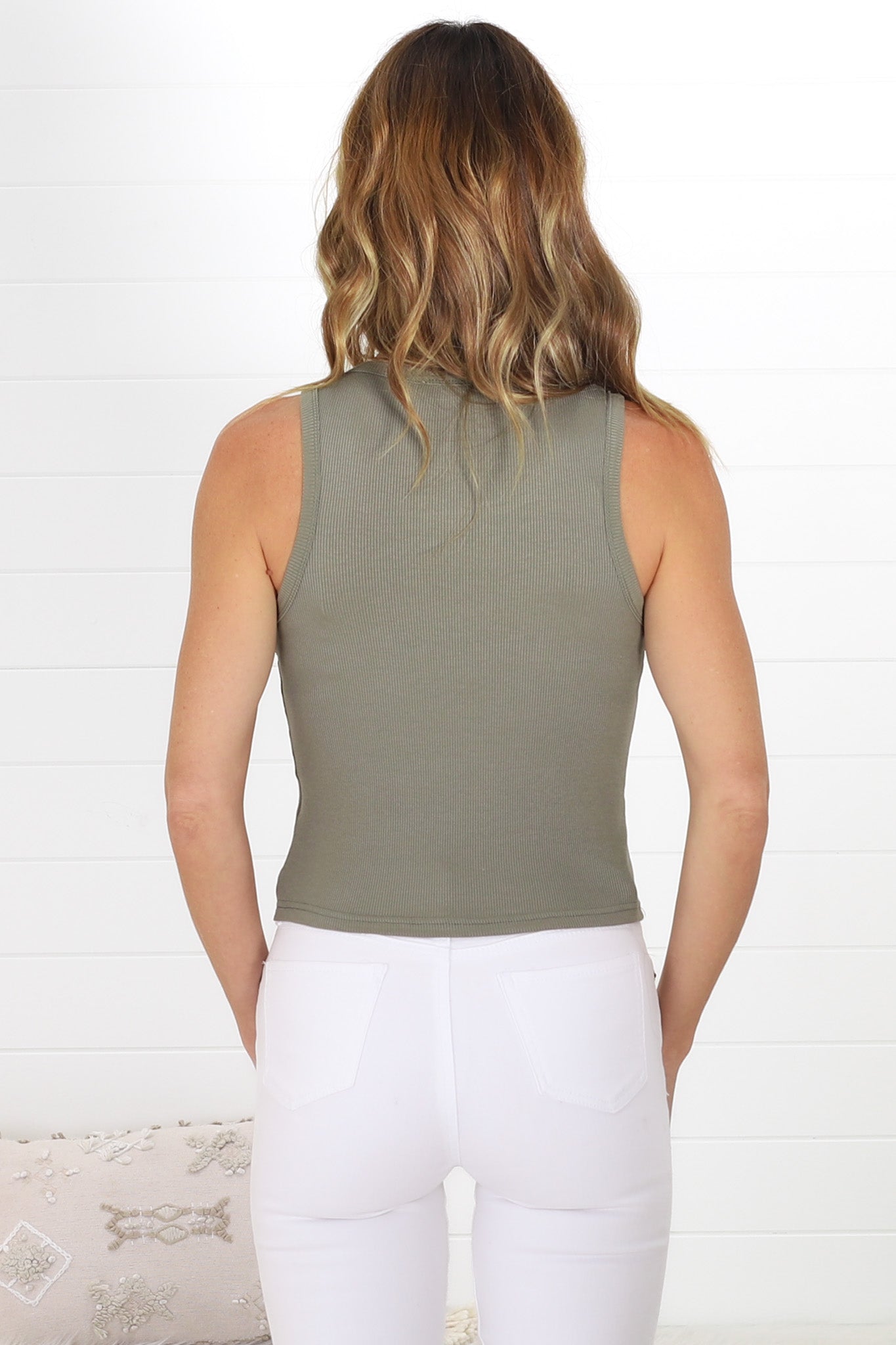 Saint Clair Ribbed Top - High Neckline Racer Back RIbbed Top in Khaki