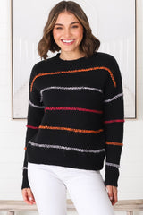 Fletcher Knit Jumper - Crew Neck Multi Colour Stripe Knit in Black