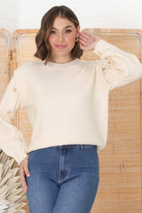 Meldon Jumper - Button Detailed Crew Neck Jumper in Beige