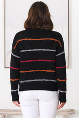 Fletcher Knit Jumper - Crew Neck Multi Colour Stripe Knit in Black