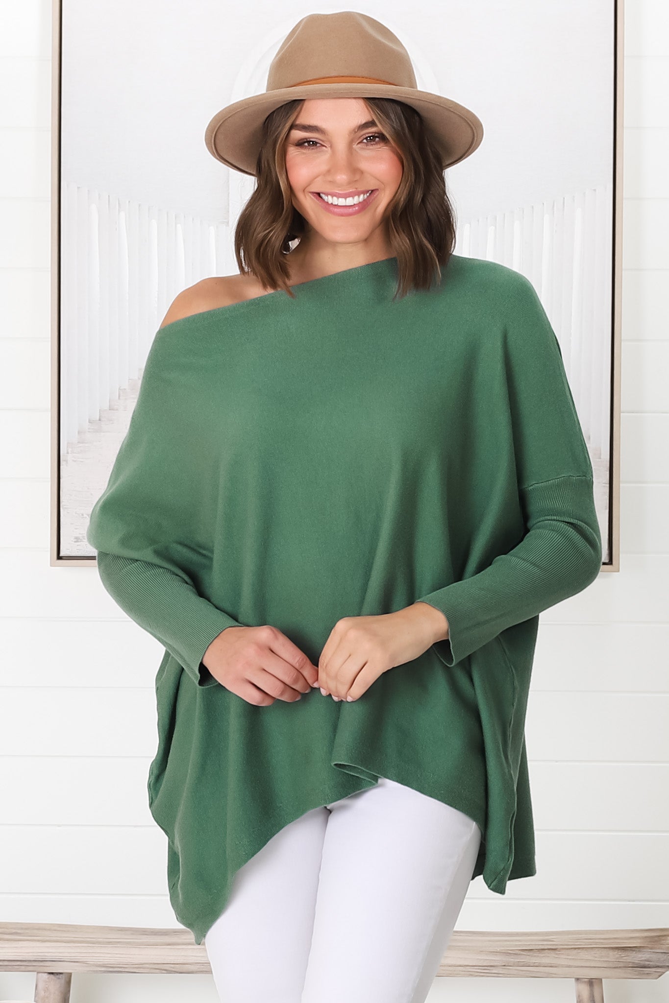 Belinda Knit Top - Boat Neckline Boxy Batwing Top in Teal