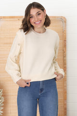 Meldon Jumper - Button Detailed Crew Neck Jumper in Beige