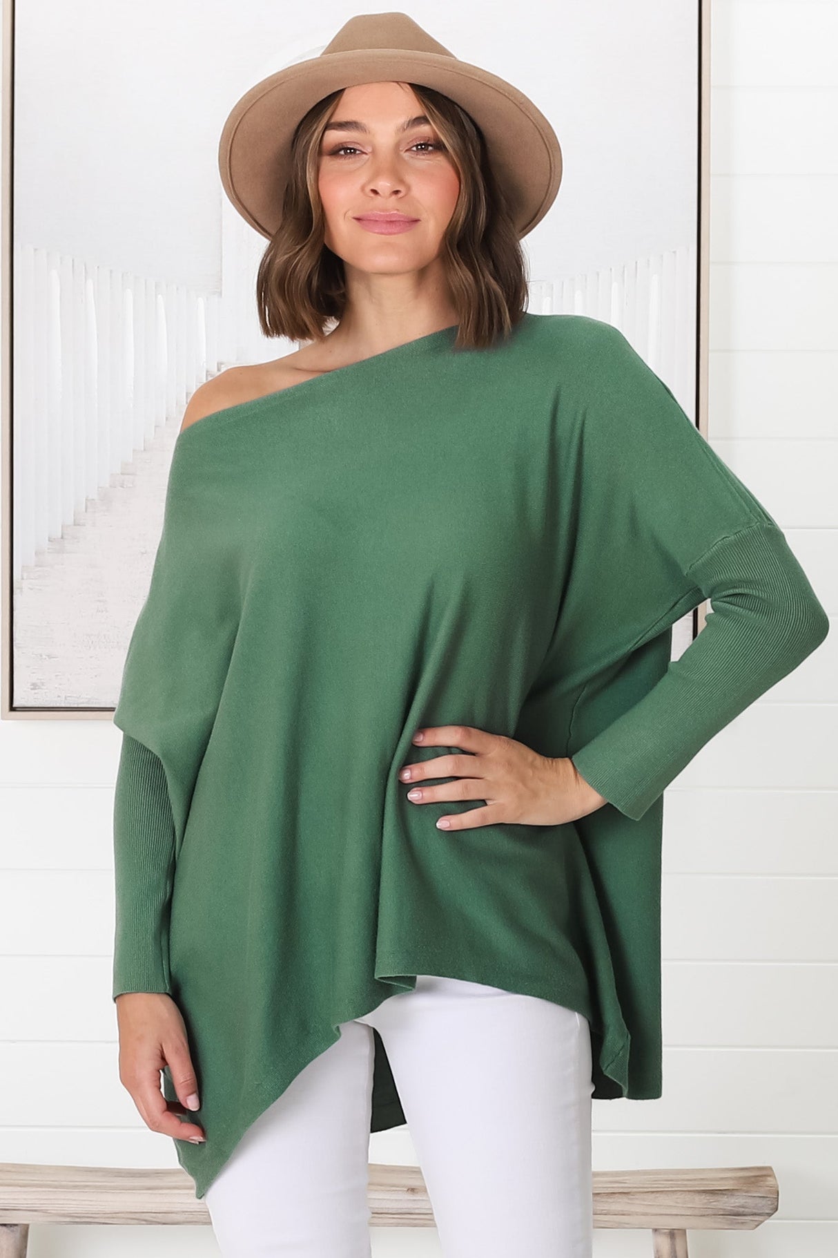 Belinda Knit Top - Boat Neckline Boxy Batwing Top in Teal