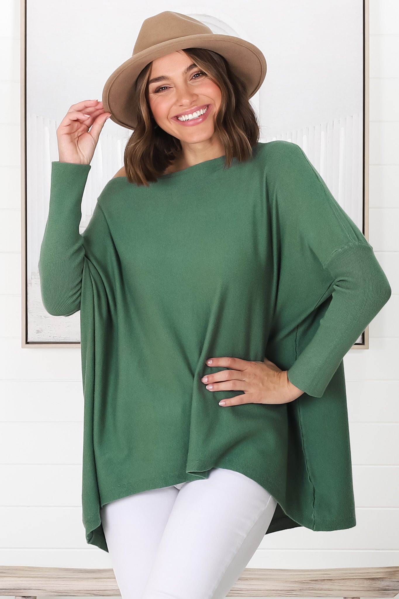 Belinda Knit Top - Boat Neckline Boxy Batwing Top in Teal