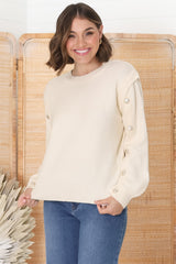 Meldon Jumper - Button Detailed Crew Neck Jumper in Beige