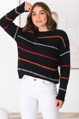 Fletcher Knit Jumper - Crew Neck Multi Colour Stripe Knit in Black