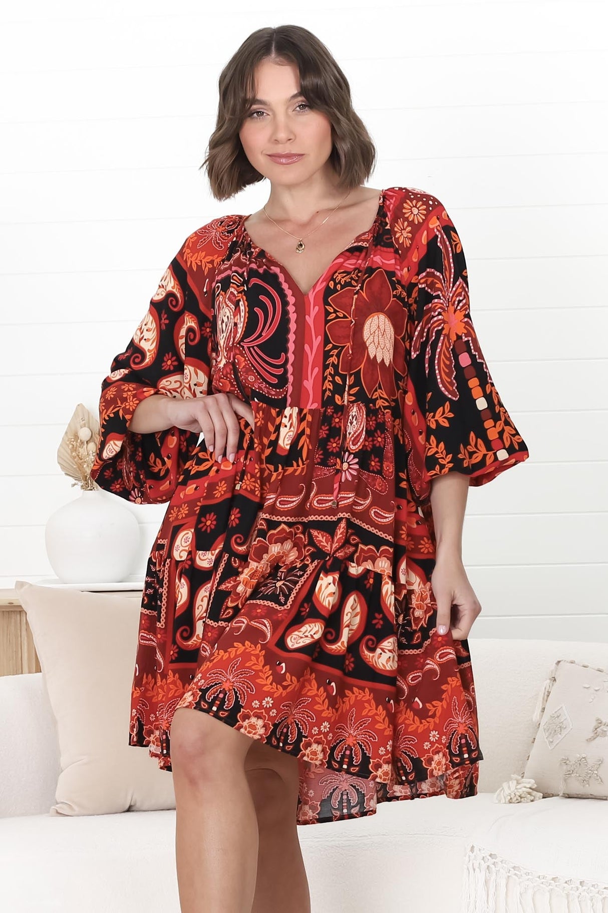 Chella Mini Dress - Slimeline Smock Dress with Neck Tie in Martina Print