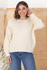 Meldon Jumper - Button Detailed Crew Neck Jumper in Beige