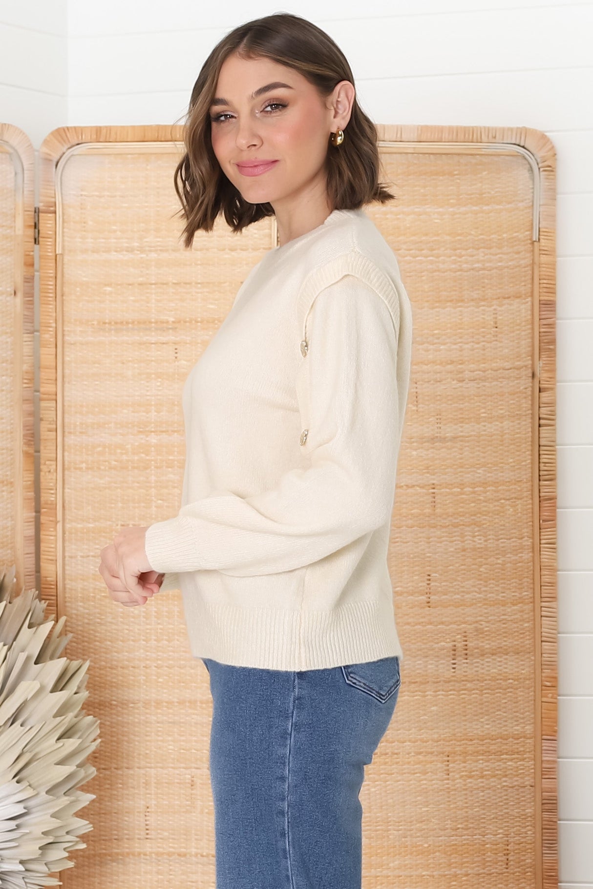 Meldon Jumper - Button Detailed Crew Neck Jumper in Beige