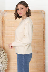 Meldon Jumper - Button Detailed Crew Neck Jumper in Beige