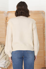 Meldon Jumper - Button Detailed Crew Neck Jumper in Beige