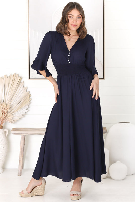 Alba Maxi Dress - Buttoned Bodie A Line Dress With Flute Sleeves In Navy