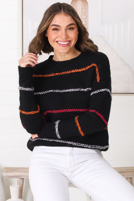 Fletcher Knit Jumper - Crew Neck Multi Colour Stripe Knit in Black