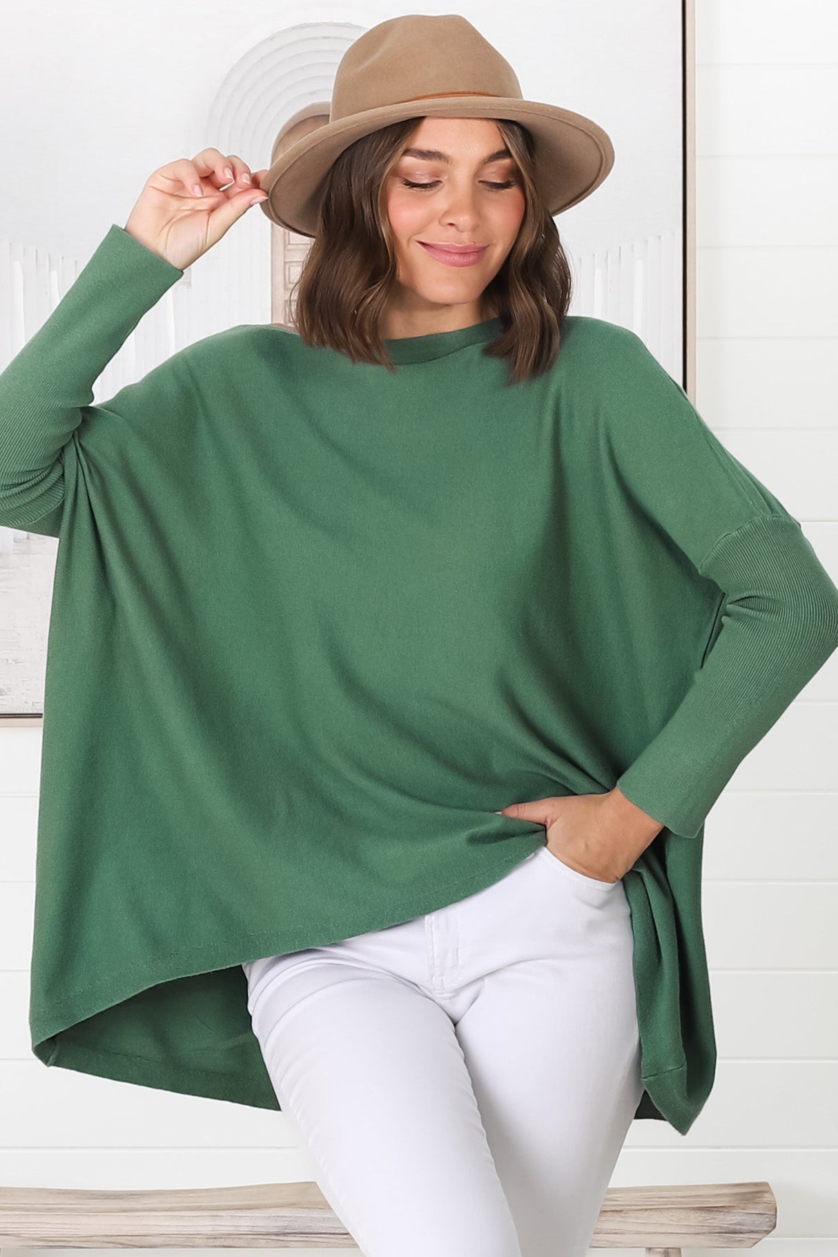 Belinda Knit Top - Boat Neckline Boxy Batwing Top in Teal